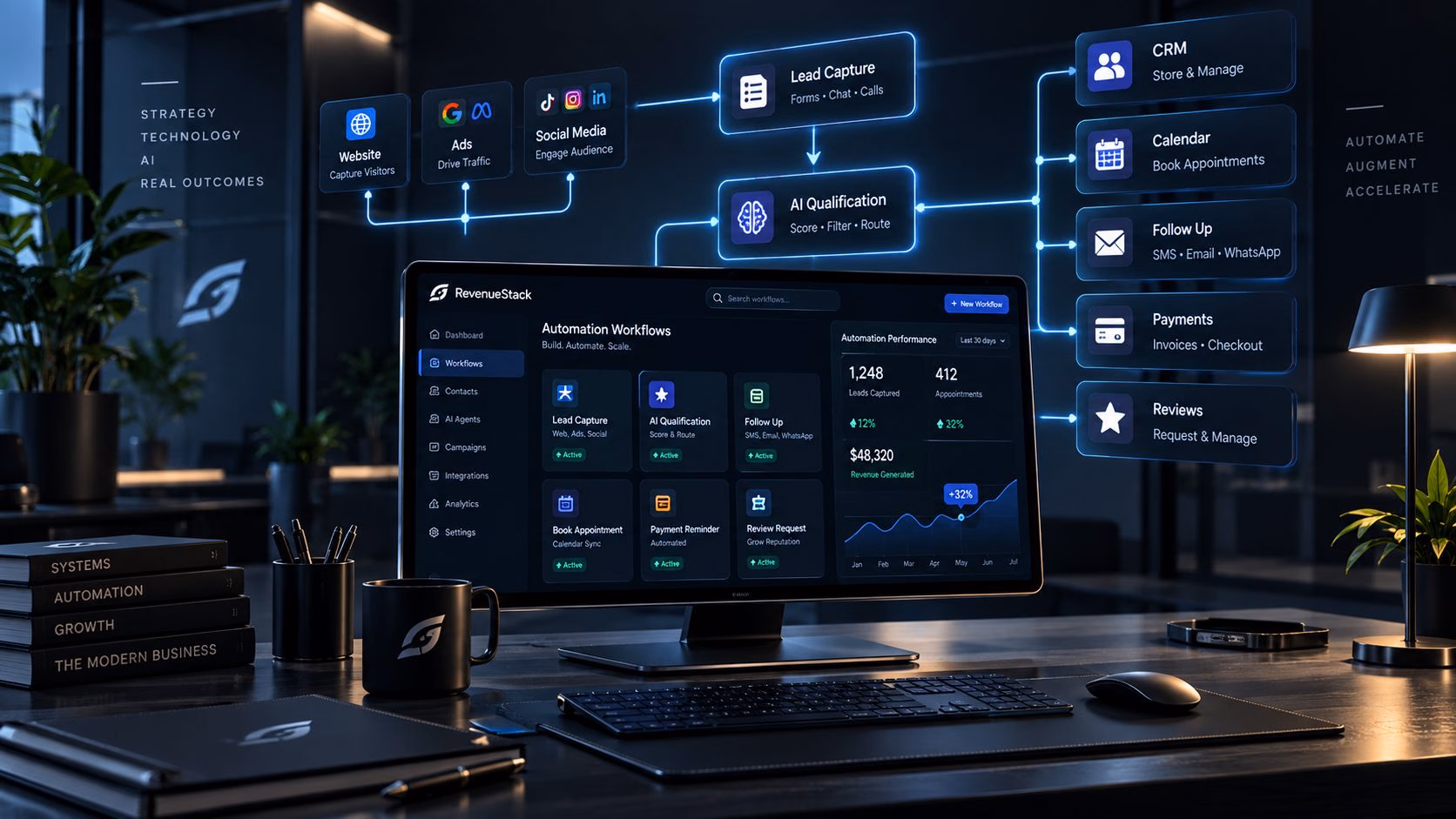 A desk with a monitor showing a RevenueStack automation workflow, surrounded by floating cards for lead capture, CRM, AI qualification, calendar and payments