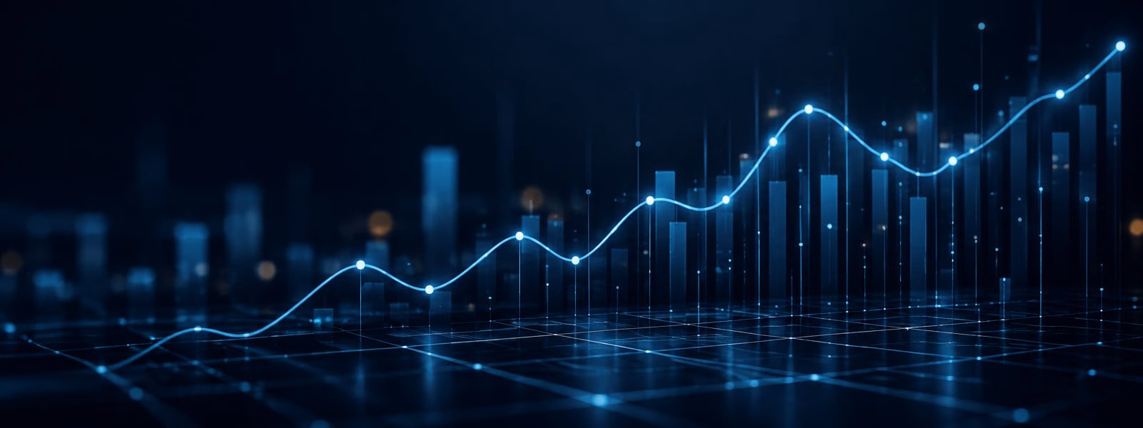 Glowing blue growth lines rising across a dark city skyline