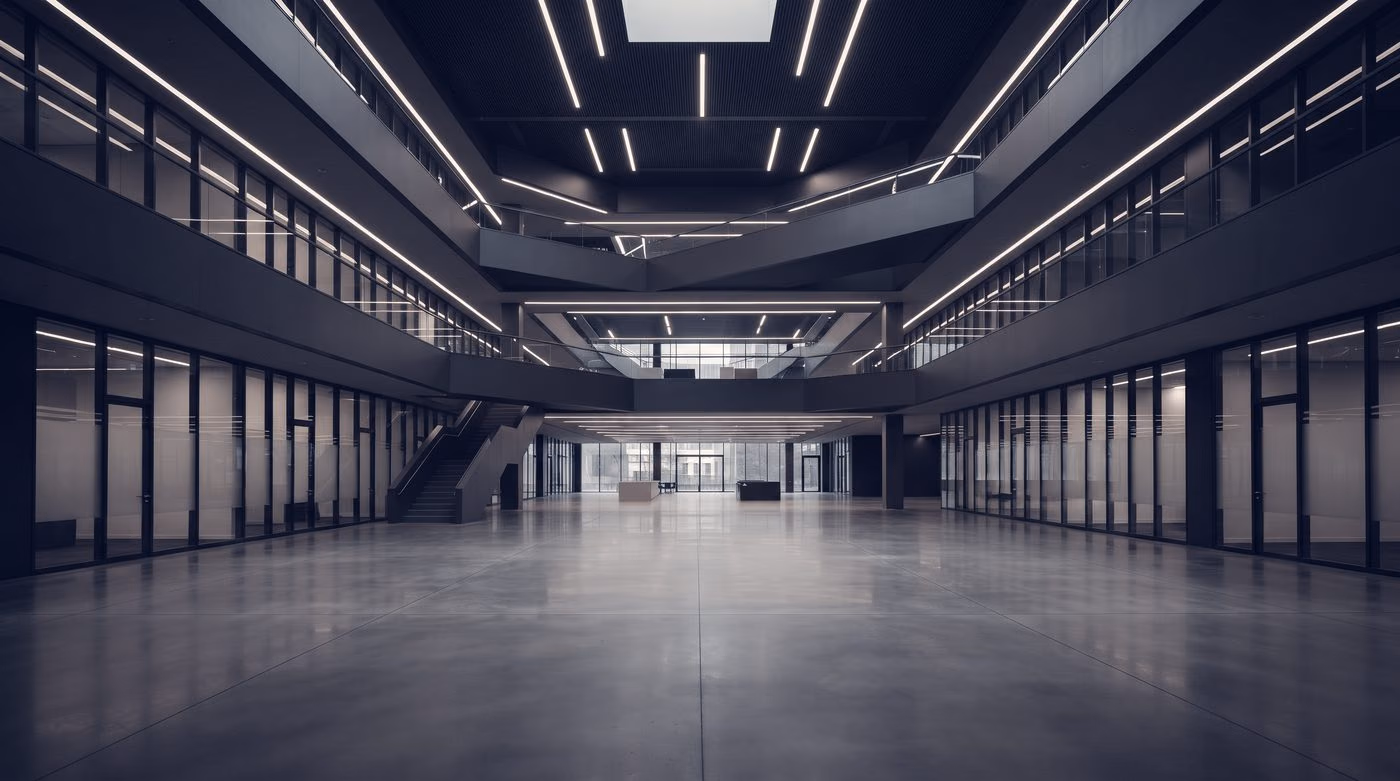 A large concrete hall under construction, lit by rows of overhead lights