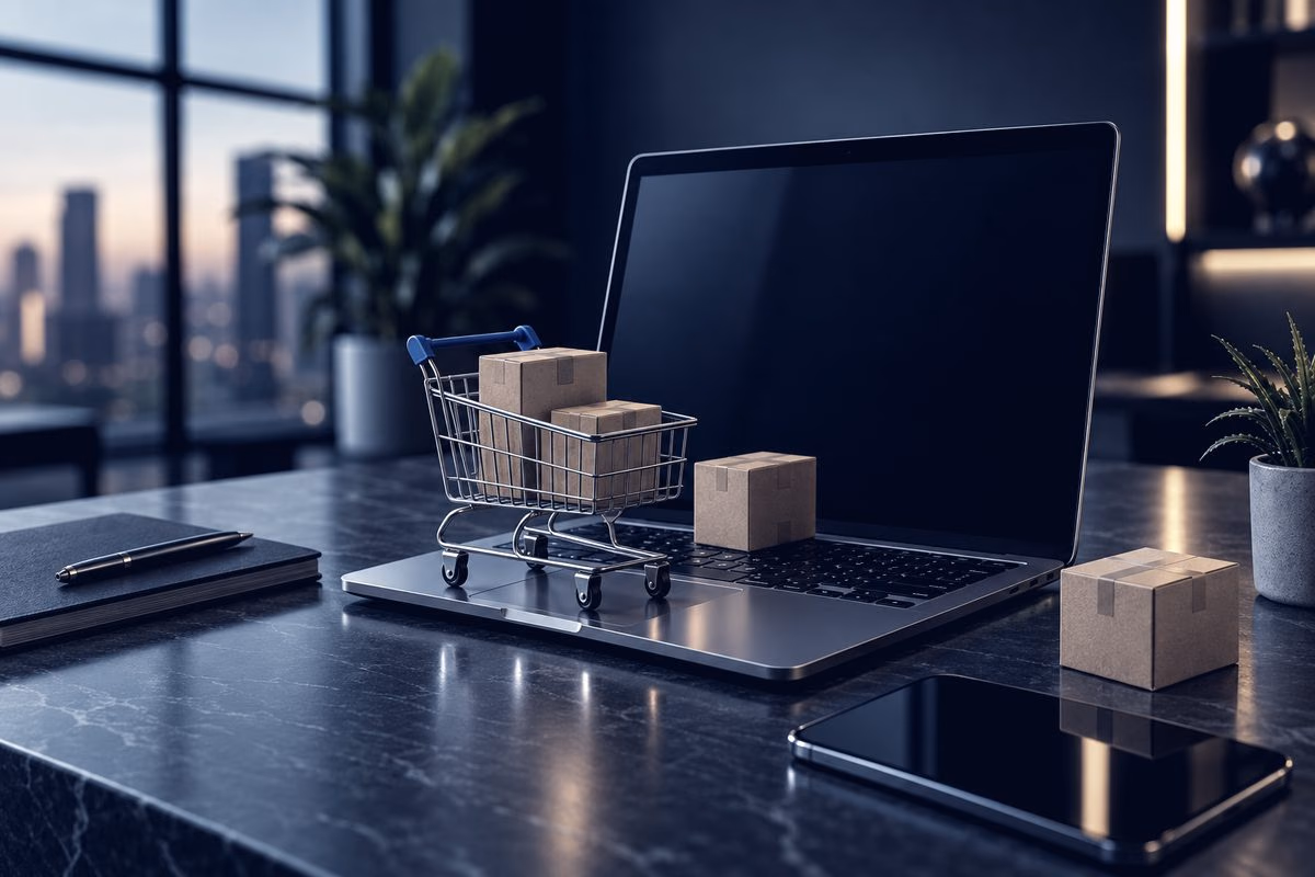 A laptop with a small shopping cart and parcels on a dark desk