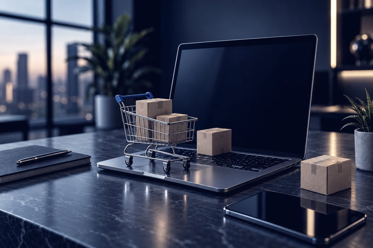 A laptop with a shopping cart and parcels