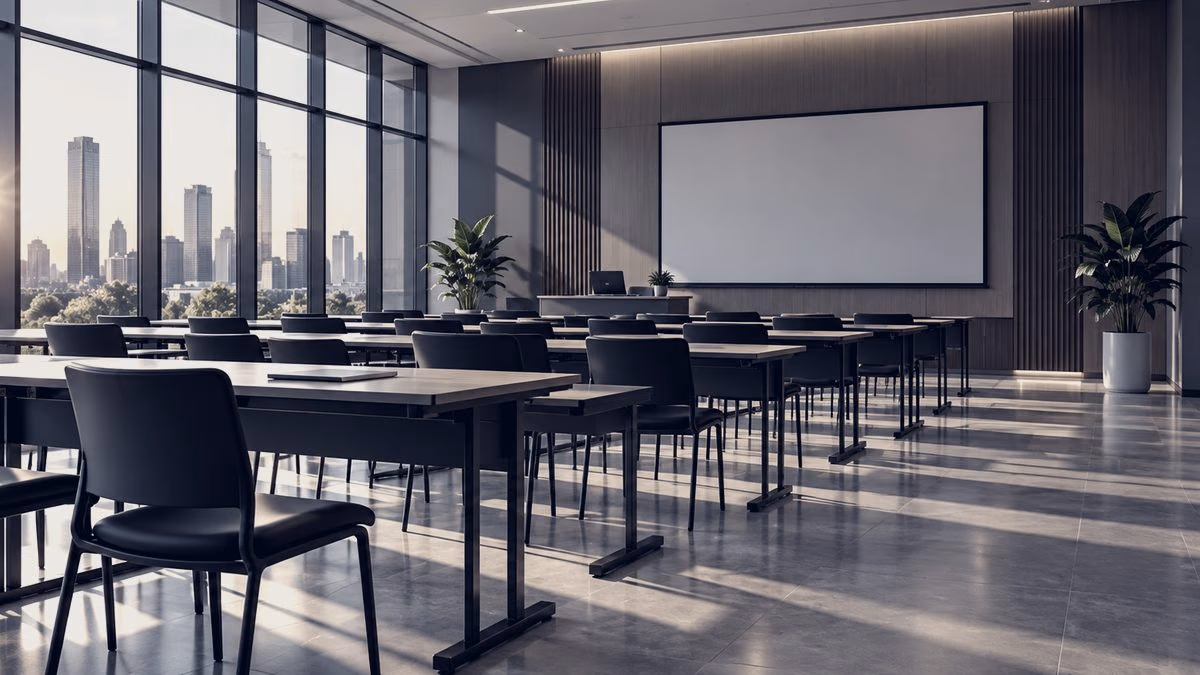 A modern classroom with rows of desks and a large screen