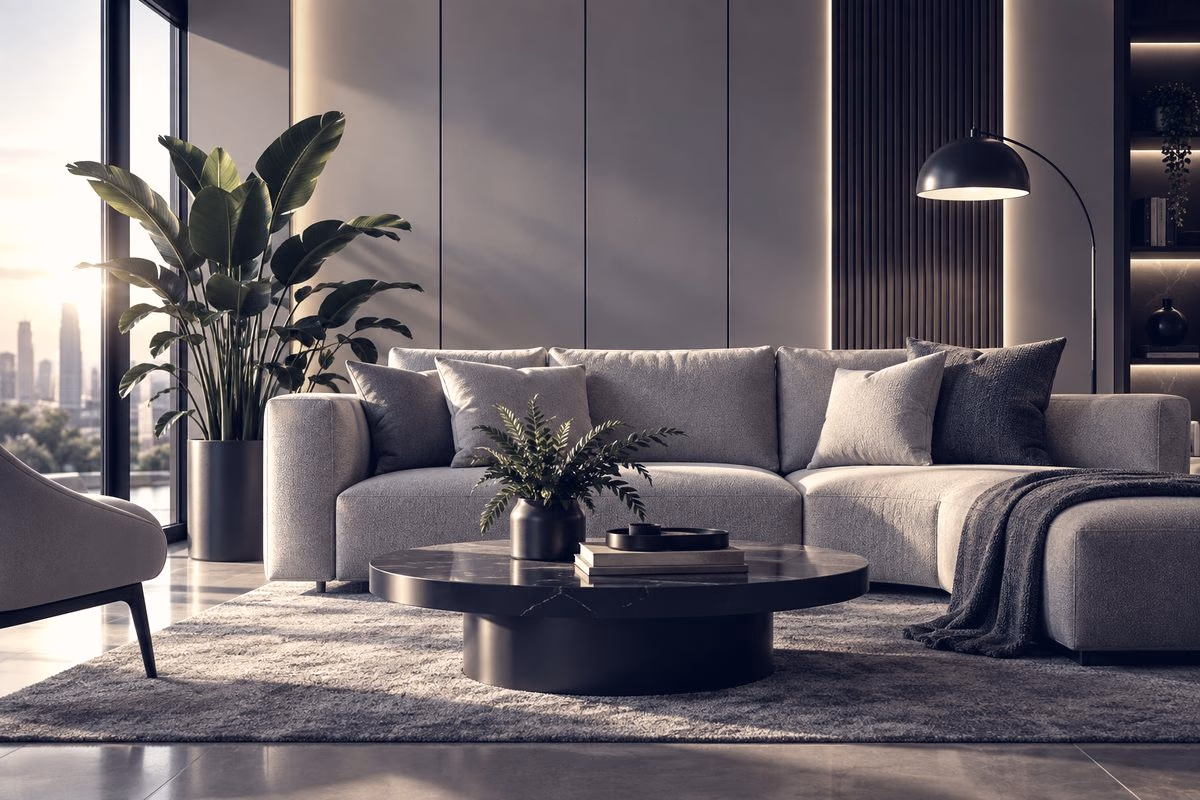 A bright living room with a sofa and plants