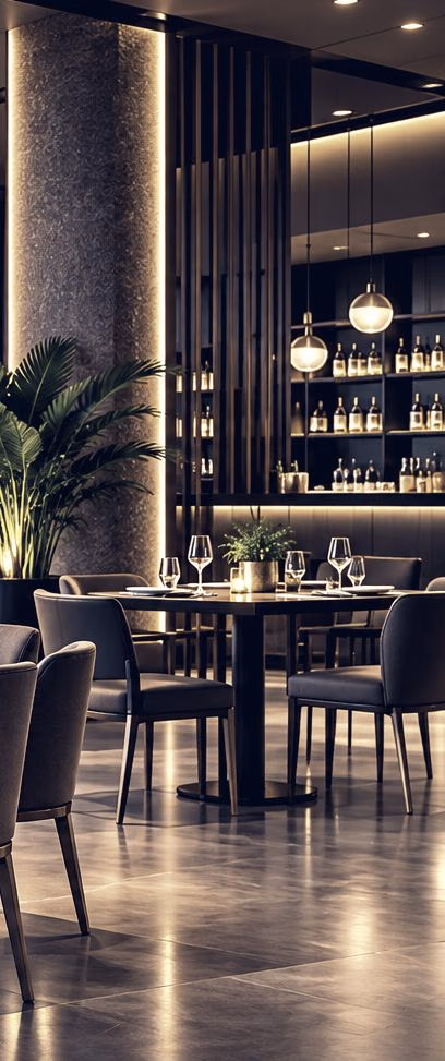 A restaurant dining room with warm pendant lighting