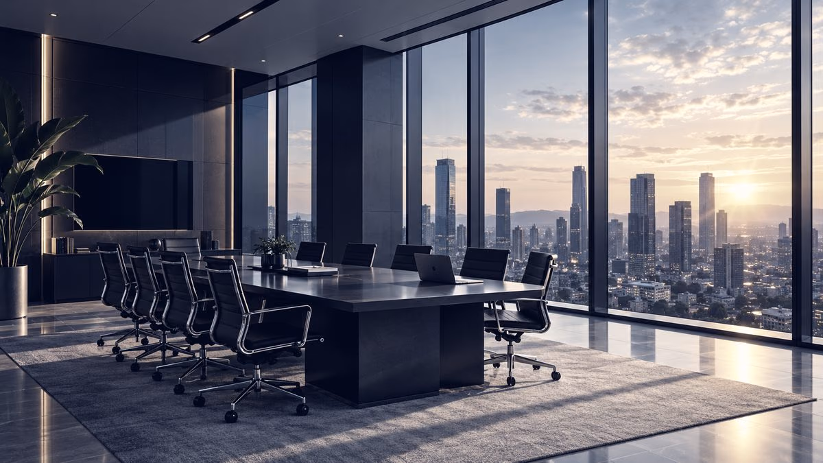 A boardroom overlooking a city skyline
