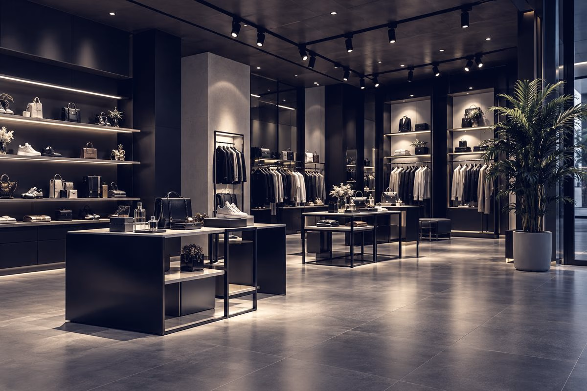 A dark, minimalist retail store interior