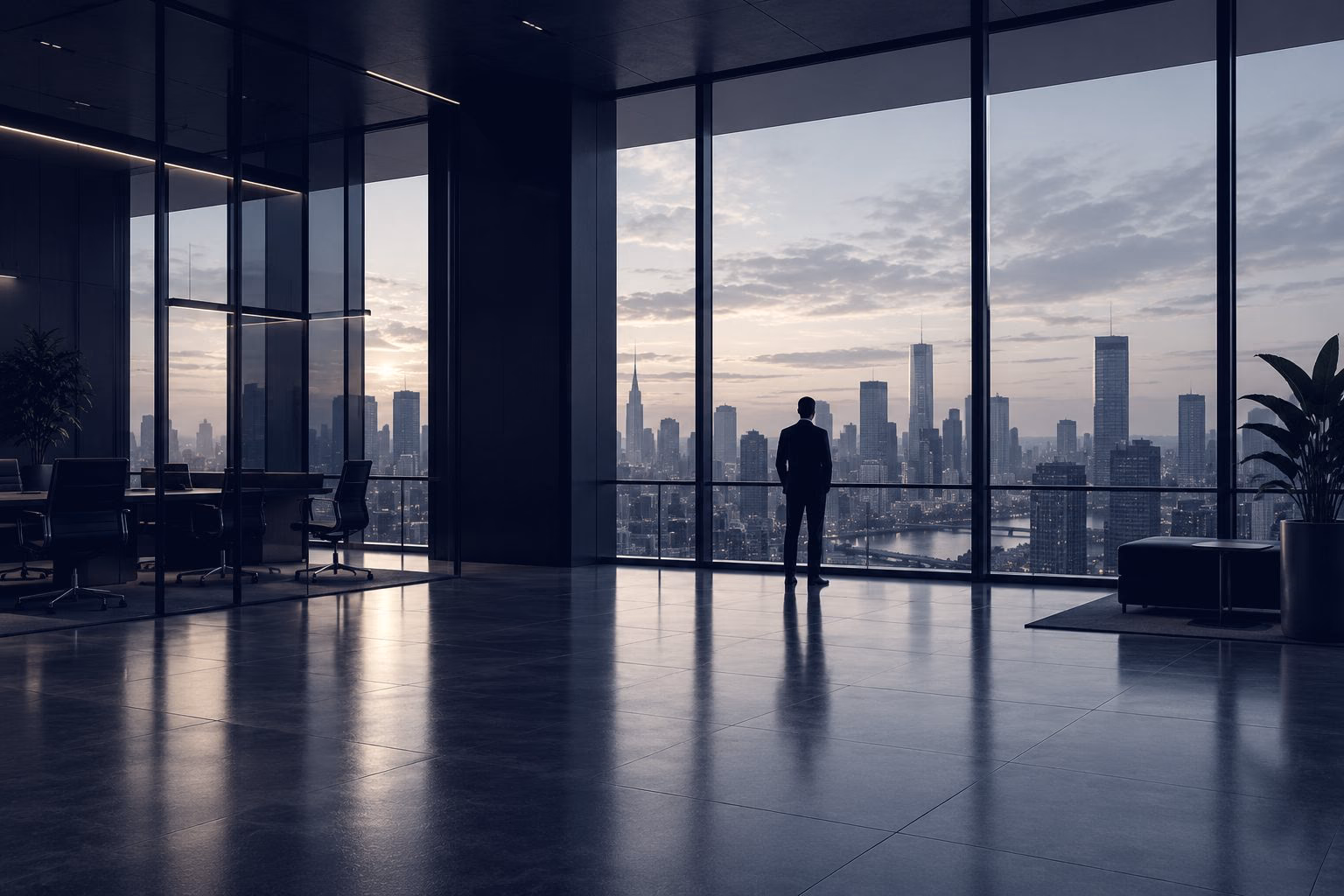 A person standing at the window of a dark office, looking out over a city skyline at dusk