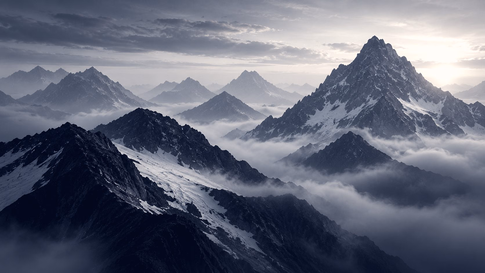 Mountain peaks rising through cloud at dawn