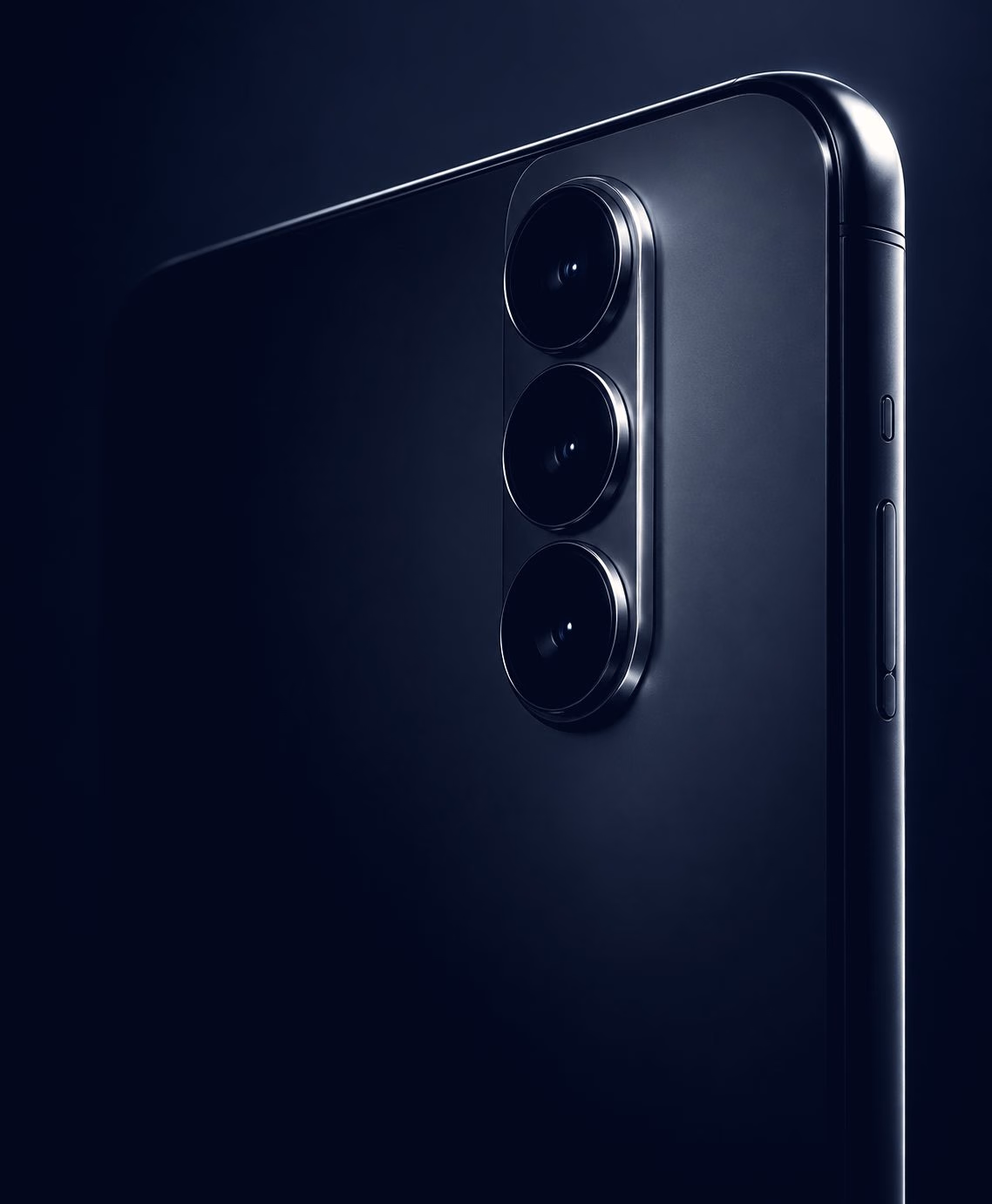 The back of a dark smartphone with a triple camera, on a black background