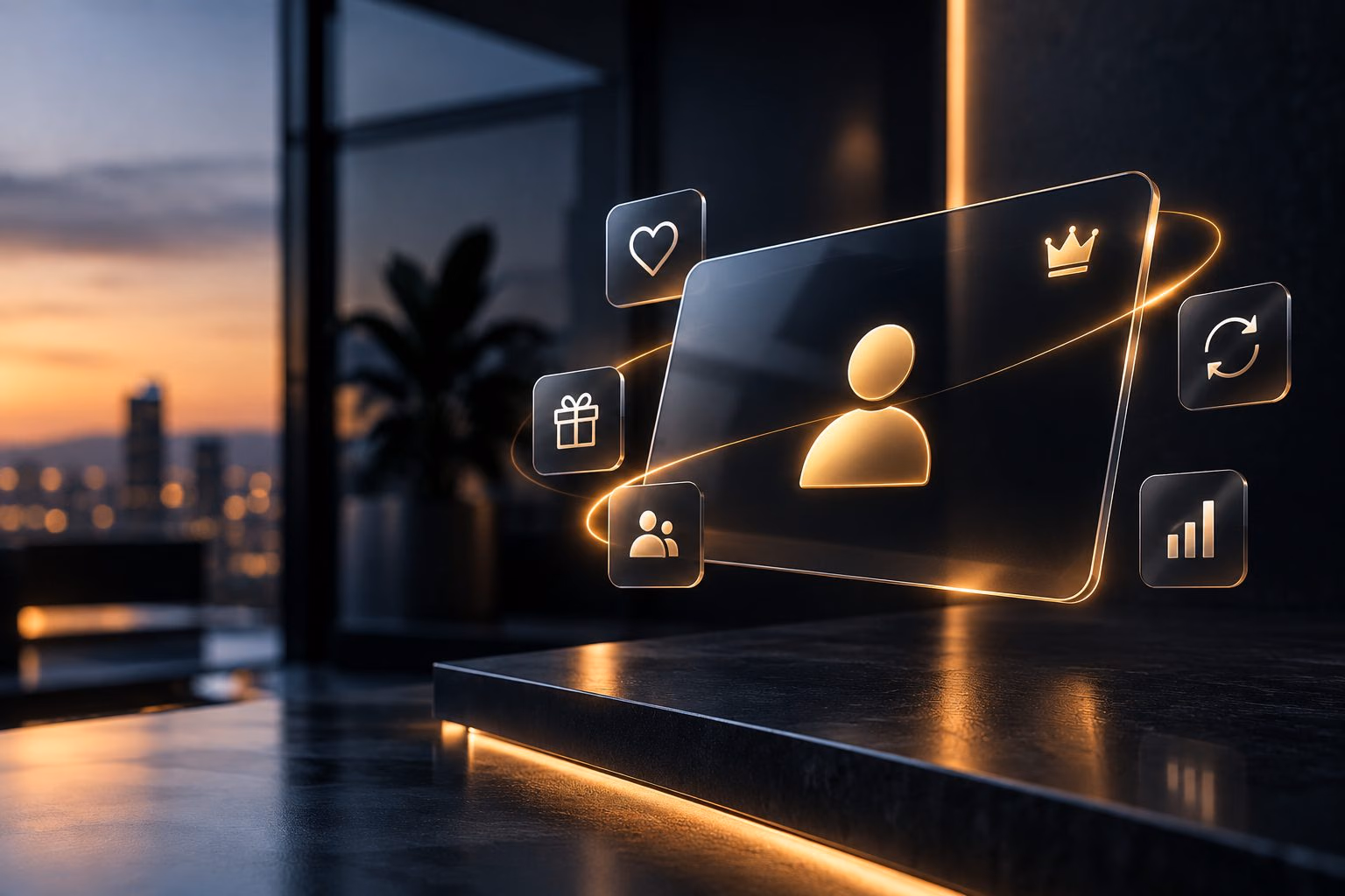 A customer profile card with loyalty, membership and personalised offer icons