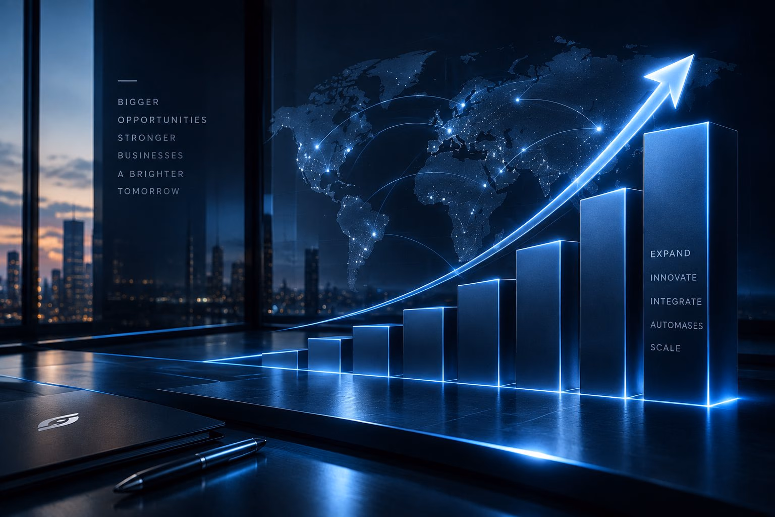 A rising growth chart over a world map with connected locations