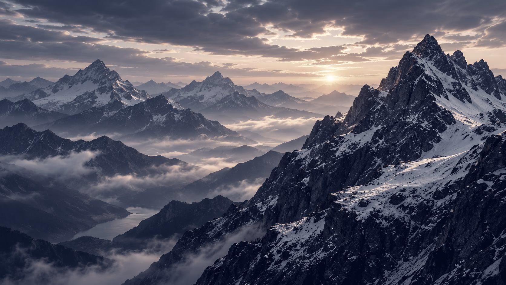 Mountain ridges at dusk under a bank of cloud