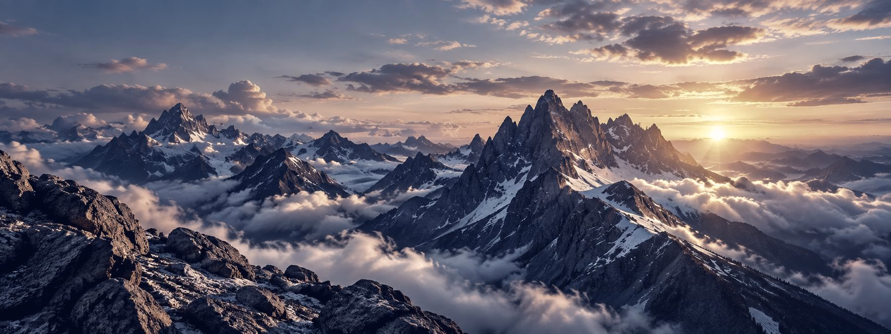 Snow-capped peaks above a sea of cloud at sunset