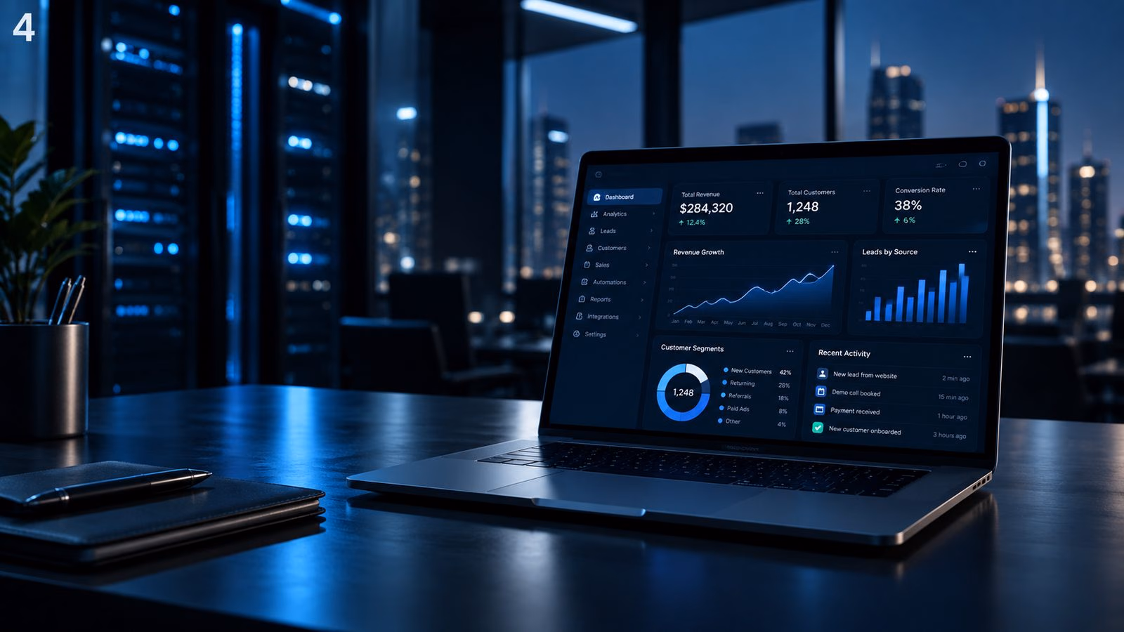 A laptop on a dark desk showing a RevenueStack analytics dashboard