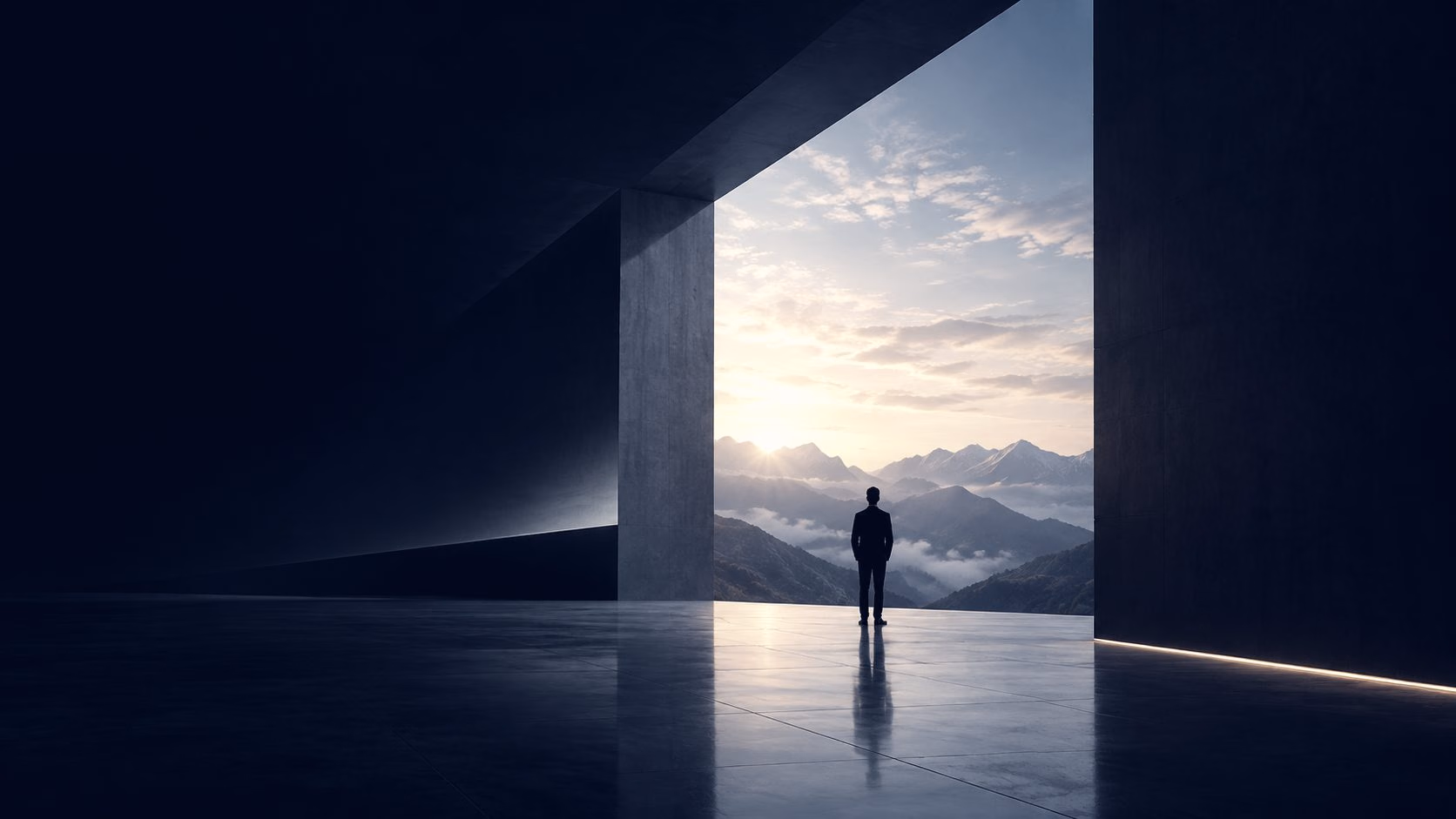 A figure standing at the threshold of a dark concrete building, looking out at mountains at dawn