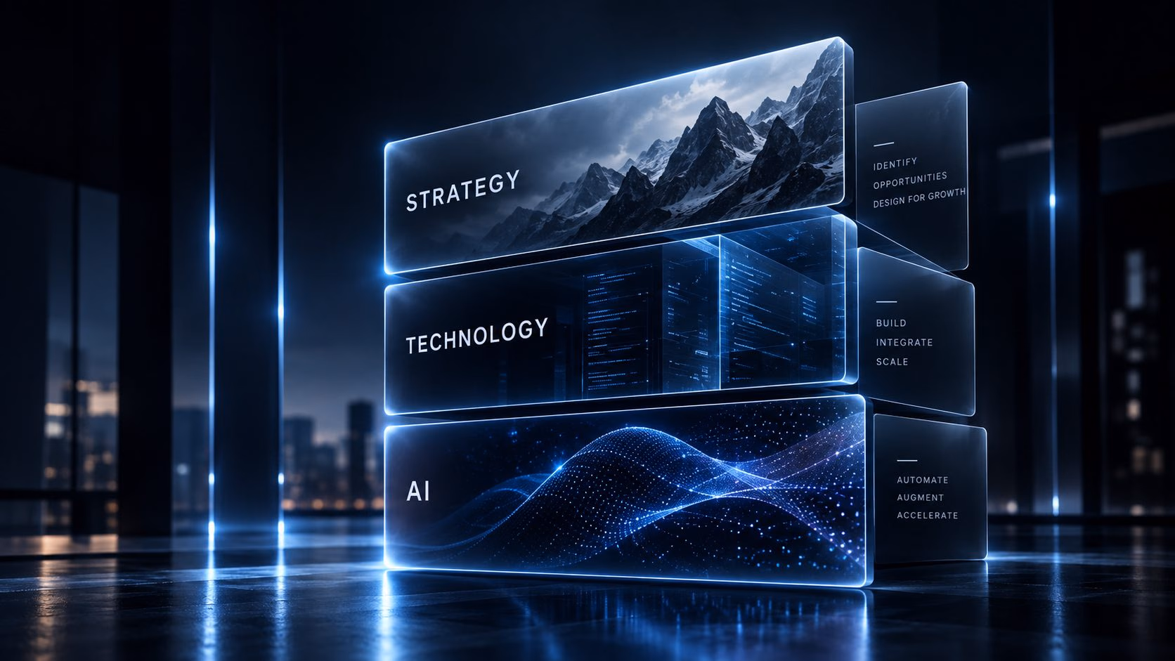 Three stacked glass panels labelled Strategy, Technology and AI